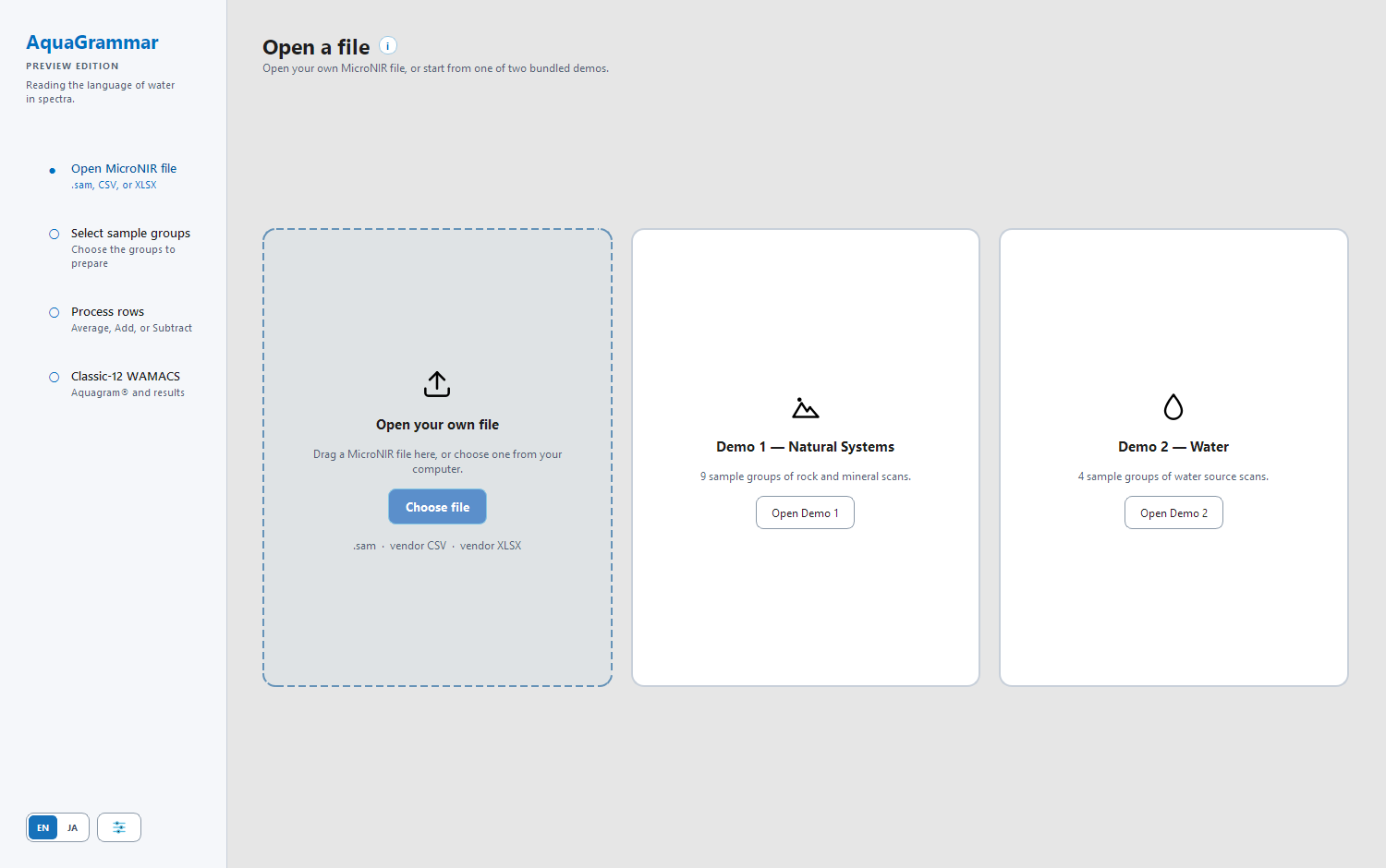 The Open a file screen: three cards for your own file, Demo 1, and Demo 2, with the four workflow steps down the left.