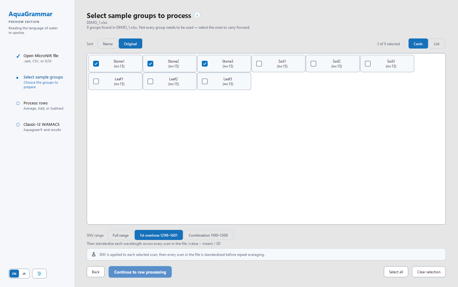 The Select sample groups screen with several groups ticked and the selected-count summary visible.